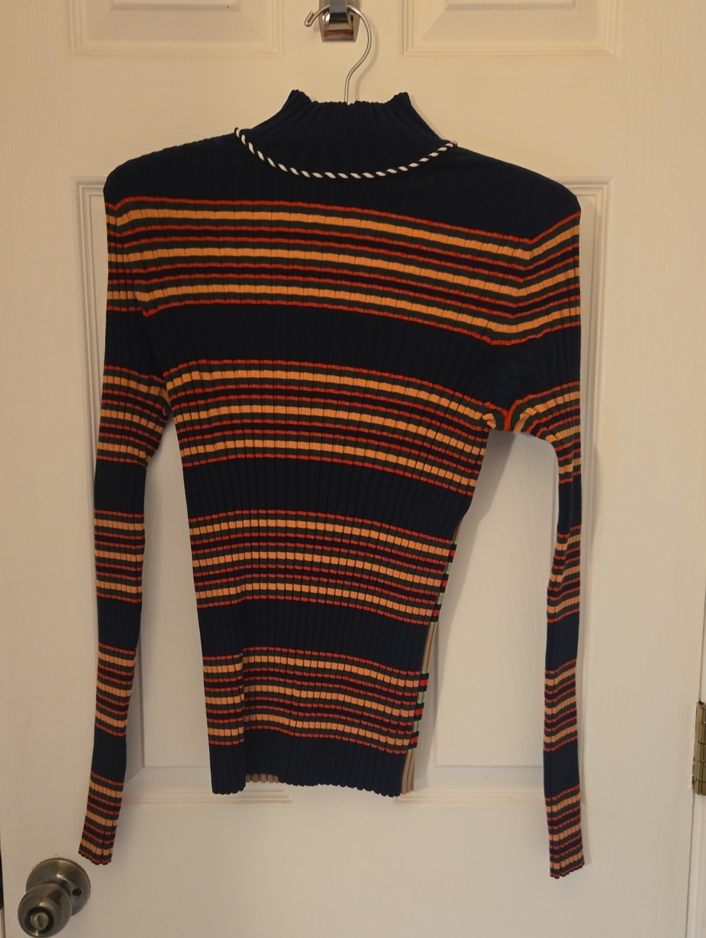 Tory Burch Navy Ribbed Turtleneck with Orange & Yellow Stripes